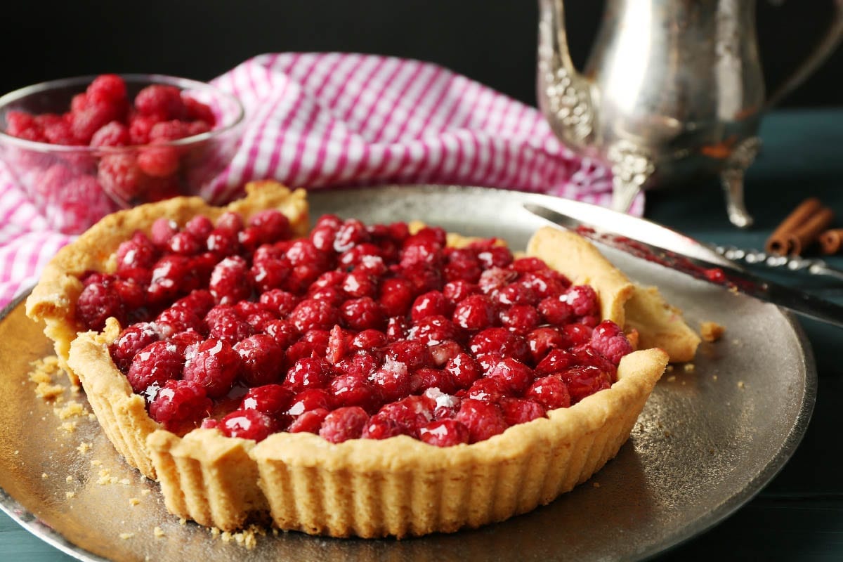 Tart,With,Raspberries,On,Tray,,On,Wooden,Background