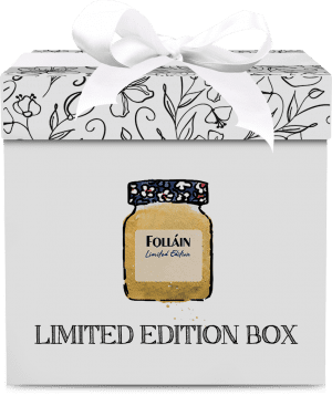 Stylish gift box with a jar illustration and "limited edition box" label, representing a Folláin jam gift set.