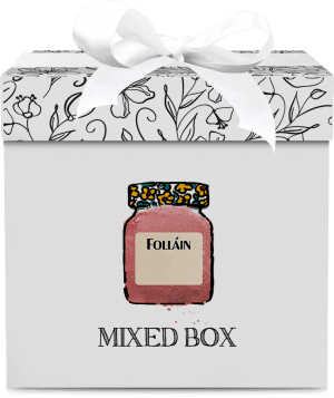 Stylish gift box with a jar illustration and "mixed box" label, representing a Folláin jam gift set.