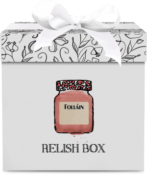 Stylish gift box with a jar illustration and "Relish Box" label, representing a Folláin jam gift set.
