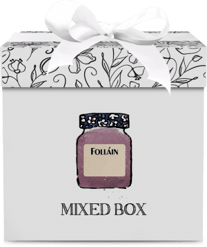 Stylish gift box with a jar illustration and "mixed box" label, representing a Folláin jam gift set.