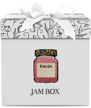 Stylish gift box with a jar illustration and "jam box" label, representing a Folláin jam gift set.