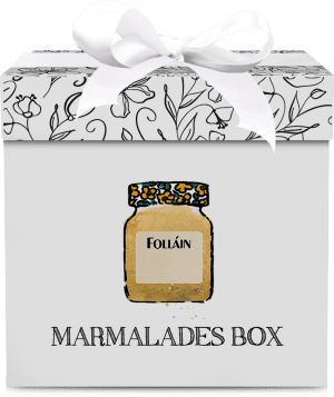 Stylish gift box with a jar illustration and "Marmalade box" label, representing a Folláin jam gift set.