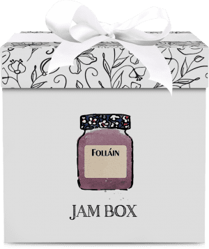 Stylish gift box with a jar illustration and "jam box" label, representing a Folláin jam gift set.