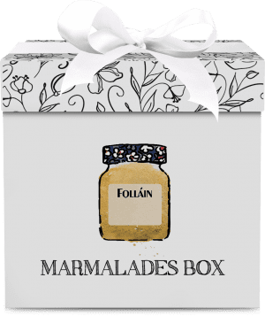 Stylish gift box with a jar illustration and "Marmalade box" label, representing a Folláin jam gift set.