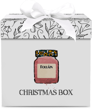 Stylish gift box with a jar illustration and "Christmas box" label, representing a Folláin jam gift set.