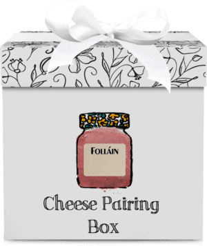 Stylish gift box with a jar illustration and "Cheese pairing box" label, representing a Folláin jam gift set.
