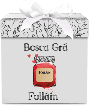 Stylish gift box with a jar illustration and "Bosca grá" label, representing a Folláin jam gift set.
