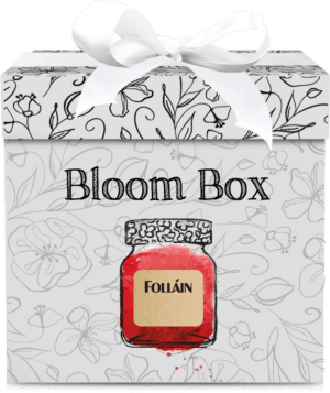 Stylish gift box with a jar illustration and "bloom box" label, representing a Folláin jam gift set.
