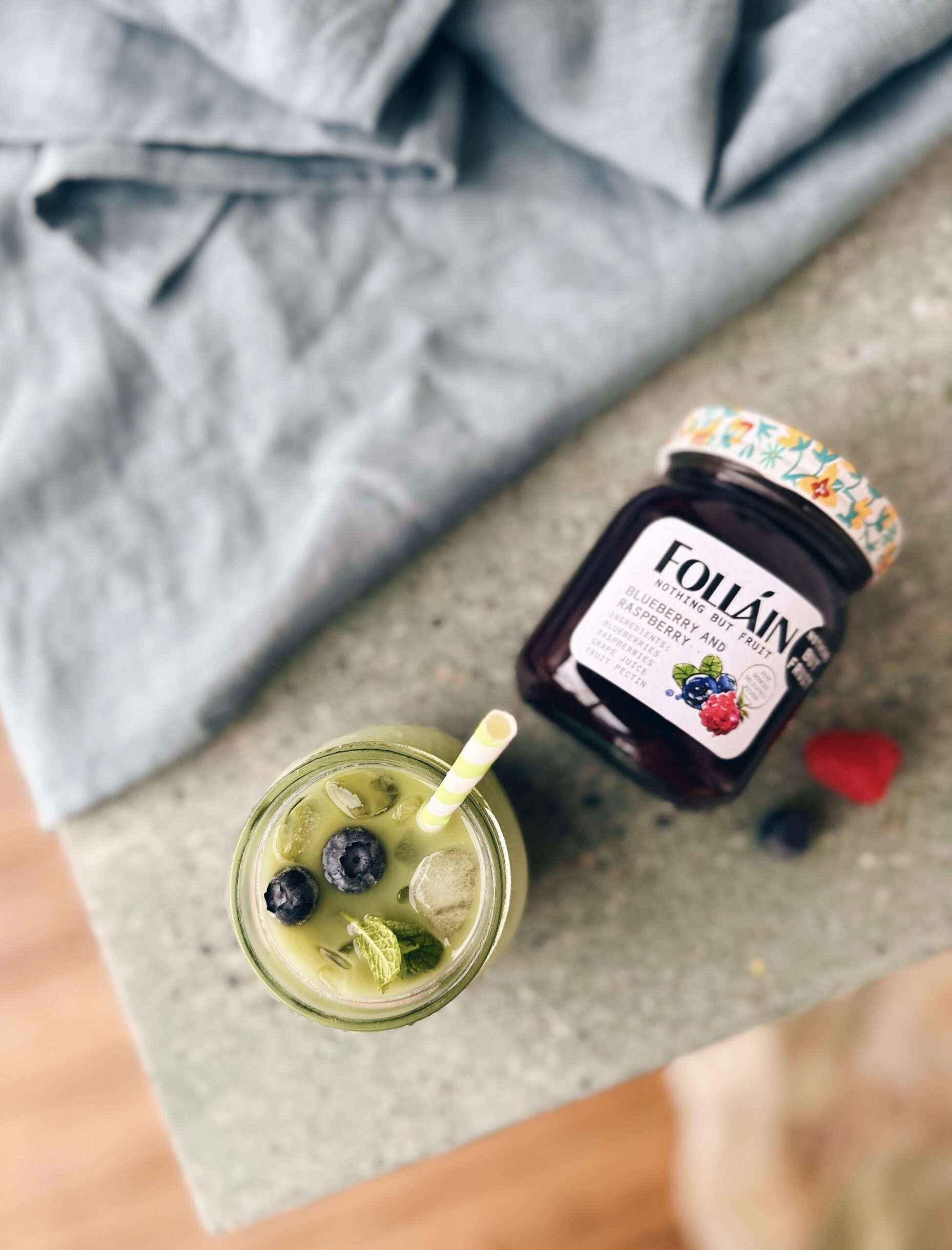 Photo of completed recipe for Blueberry & Raspberry Iced Matcha