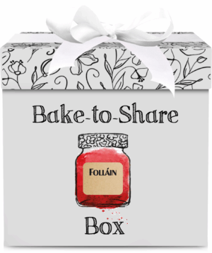 Image of gift box with 'bake to share' written on it and an illustration of a jar with folláin label